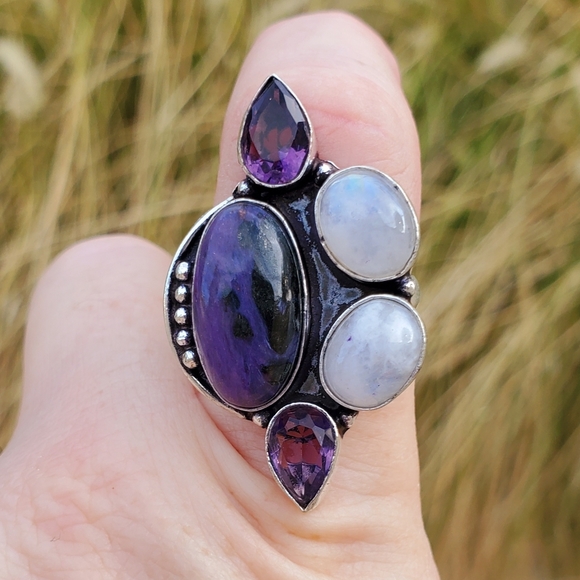 New Charoite, Rainbow Moonstone, and Amethyst 925 Silver Ring. - Picture 12 of 16